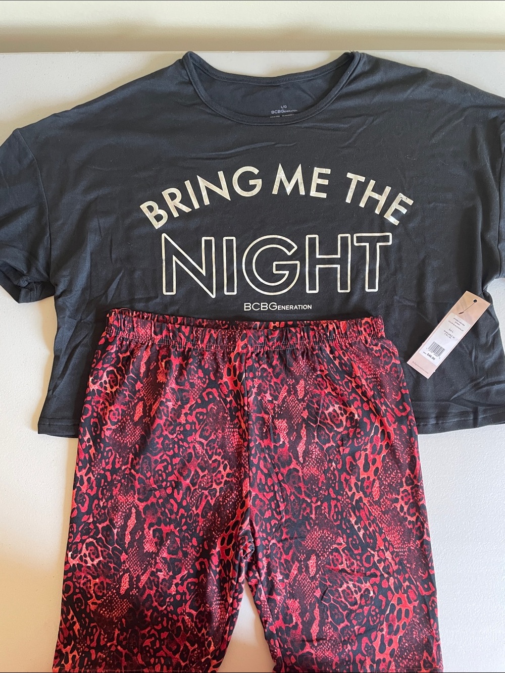 BCBGeneration Black Tee with Red Animal-Print Pajama Pants